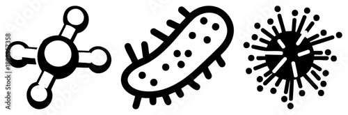 Simplified vector of bacteria, virus, and molecule, scientific illustration, microbiology symbols, biological entities, educational graphics, black style.