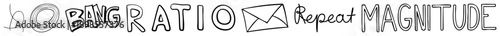 Sketch style lettering with "BANG RATIO," envelope symbol, "Repeat," and "MAGNITUDE" text, doodle aesthetic, graphic design elements, isolated vector art.