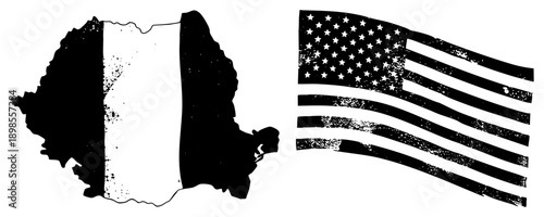 Nigeria map silhouette filled with French flag, paired with distressed American flag, symbolic cultural fusion, graphic, political art, national identity.