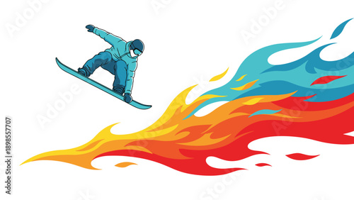 Snowboarder wearing warm gear and mask performs jump through air leaving trail of abstract blue and orange flames behind.