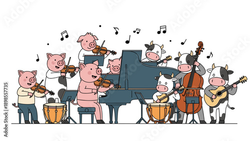 Musical group of pigs and cows wearing shirts playing violins, guitar, bass, and piano in full animal orchestra concert.