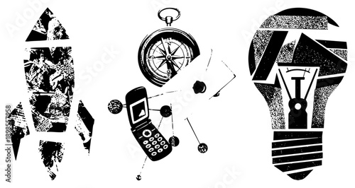 , compass, flip phone, and lightbulb rendered in halftone style, vector graphic, tech symbols, conceptual design, black and white illustration.