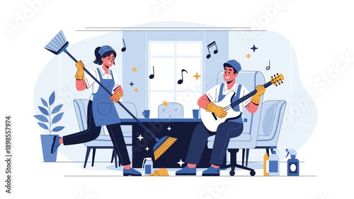 Cleaning service staff having fun while working as one woman dances with broom and man plays electric guitar at office.