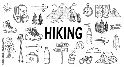Doodle illustration of hiking essentials and outdoor adventure elements