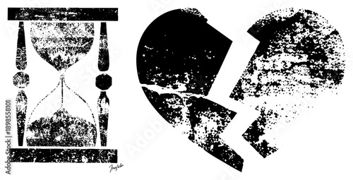 Fragmented heart symbolizing loss, hourglass showing time passing, black and white halftone texture, graphic design elements, emotional.