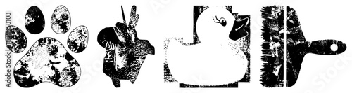 Distressed black and white vector paw print, hand, duck, brush. Grunge texture. Isolated foreground elements with artistic wear and tear effects.