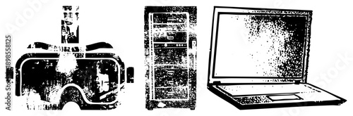 Retro tech trio VR headset with glitchy display, server rack with lights, open laptop with speckled screen all rendered in gritty halftone vector style.