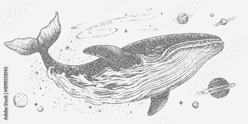 Whale flying in space surrounded by textured grain, faint speckles and distressed stains, combining cosmic fantasy with a vintage worn effect.