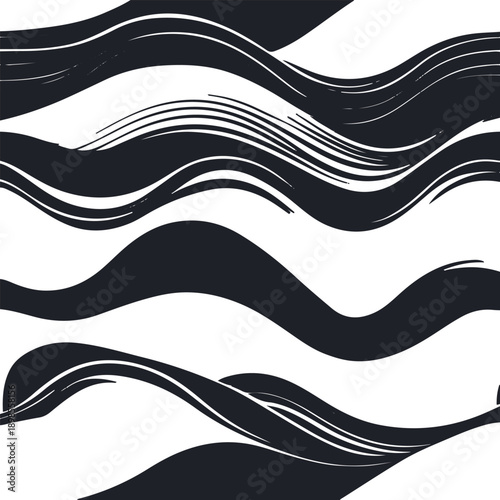 Fotografía Repeating abstract background of soft bold wave lines, thick black strokes on wh