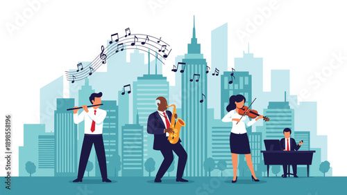 Musical trio of flute, saxophone, and violin players performing in front of cityscape skyline with floating musical notes.