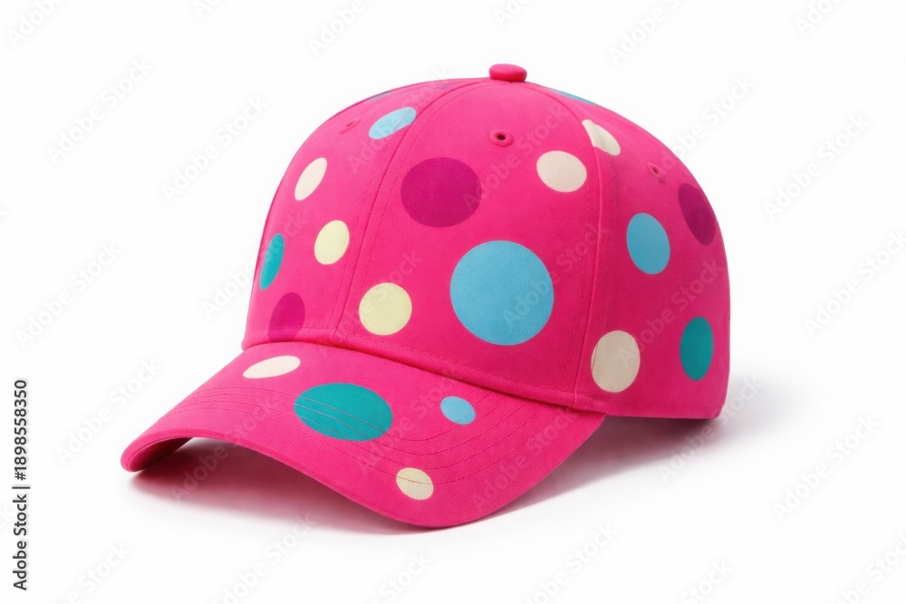 Fototapeta premium Bright pink baseball cap with large multicolor polka dots on white background