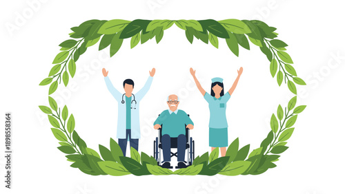 Doctor and nurse raising arms in joy behind senior man in wheelchair inside green leafy wreath frame.