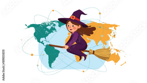 Cute young witch flying on broomstick across world map with connecting lines and nodes representing global communication.