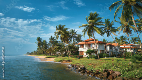 Real estate business market, house home building purchase sale. A picturesque beachfront resort in Goa, India, with a row of houses surrounded by lush palm trees, a tranquil body of water.