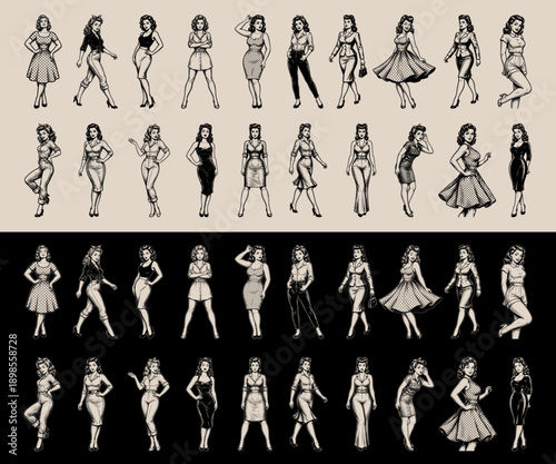 Collection of Vintage Mid-Century Woman Character Illustrations in Various Poses and Retro Outfits, Classic 1950s Pin-Up Style Vector Line Art with Monochromatic Detail.