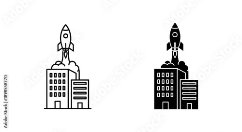 Rocket launching from office buildings, signifying startup growth, business launch, innovation, and corporate ambition.