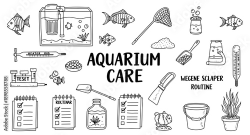 Doodle illustration of aquarium care essentials and routine tasks for fish tank maintenance