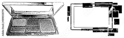 Makeup palette with six textured pans, open lid design, artistic abstract frame, cosmetic tool, beauty product, isolated vector illustration.