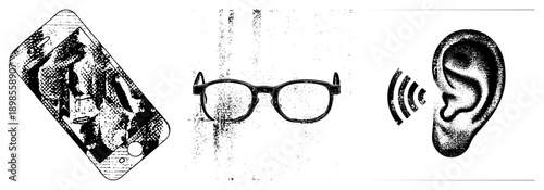 Retro phone with newsprint graphic, classic eyeglasses, human ear receiving, halftone vector art, isolated elements.