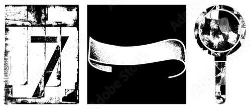 Stylized graphic elements with distressed textures, halftone dots, bold forms, fragmented shapes, curved banners, circular motifs, gritty ideal for modern design.