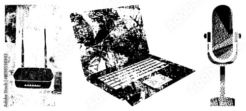 Retro tech trio wireless router, open laptop, classic mic, halftone vector art, digital tools, studio gear, isolated.
