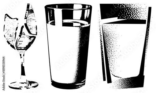 Black and white halftone vector graphic of wine glass, pint glass, and cocktail glass, isolated on transparent background, minimalist design, graphic art.