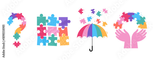 World autism awareness symbols. Question mark, umbrella and hands with colorful puzzle pieces.