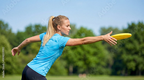 Wallpaper Mural Side view of a woman throwing a yellow frisbee. Female athlete playing ultimate frisbee in a park. Outdoor recreation concept Torontodigital.ca