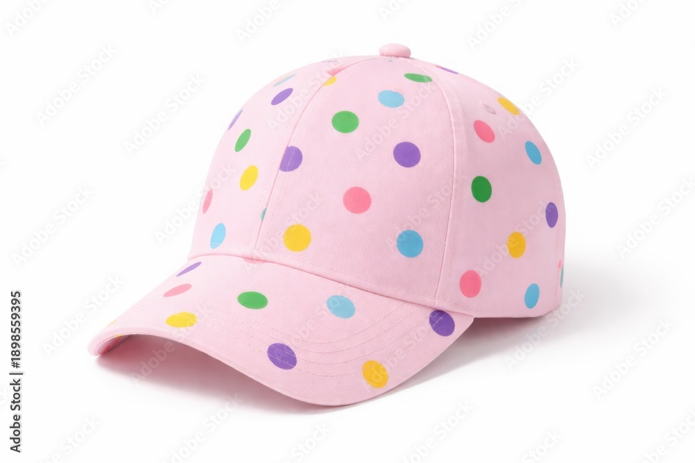 Fototapeta premium Pastel pink baseball hat featuring various multicolored polka dots over white background