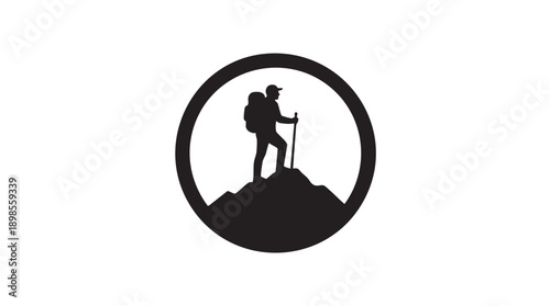 Black Silhouette of Hiker on Mountain Peak Icon Vector