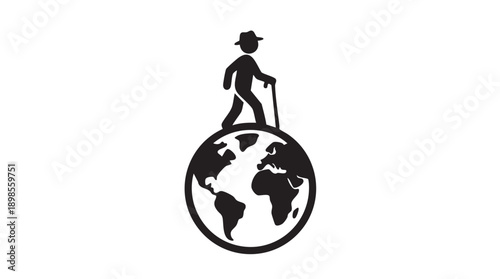 Black and white graphic of a person with a hat and cane walking on a globe