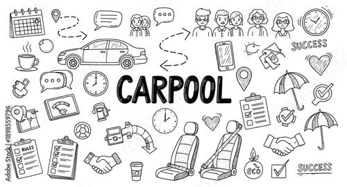 Doodle illustration of carpooling concept with various icons and text