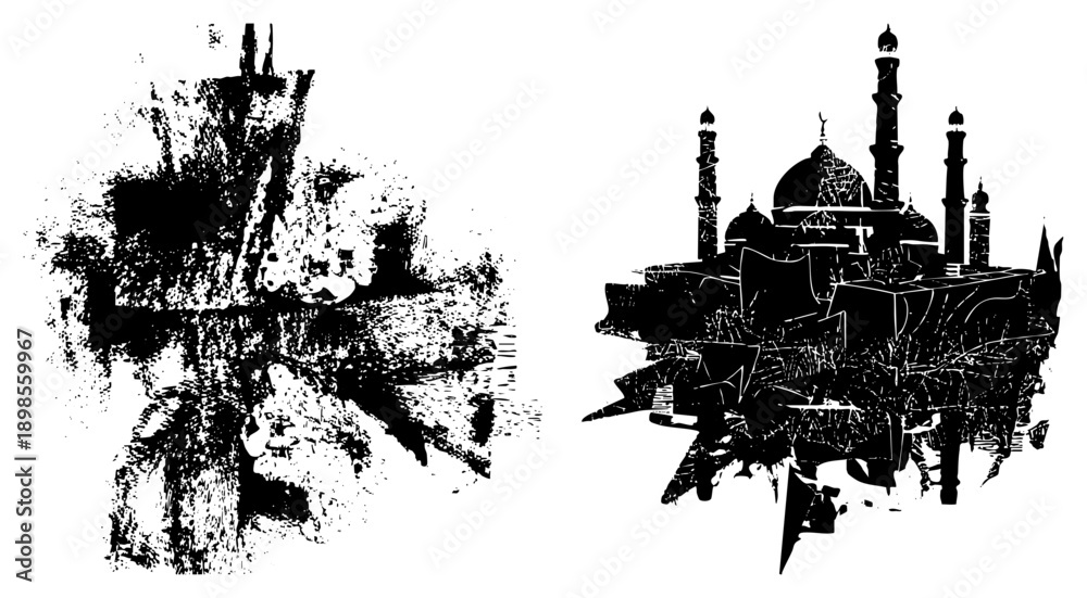 Fototapeta premium Stylized mosque silhouette with domes and minarets, fragmented halftone texture, graphic art, Islamic architecture, vector design, black and white composition.