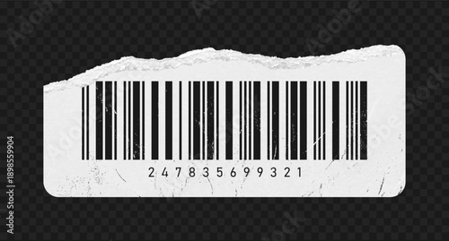 Realistic ripped paper barcode. Textured torn paper with barcode fragment. Rectangular bar code sticker with torn edge on transparent background. Vector.