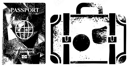 Black and white halftone passport with globe, vintage suitcase with latches, travel, wanderlust design, tourism symbols, trip essentials.