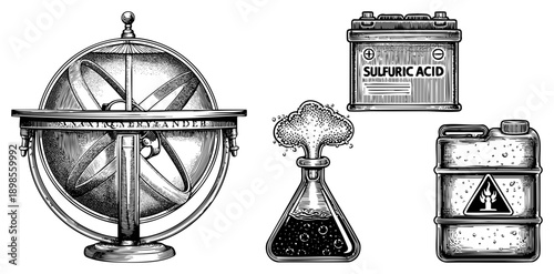Antique armillary sphere, bubbling flask, sulfuric acid battery, flammable chemical drum classic scientific and hazardous material in engraved style.