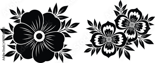 Floral silhouette illustration with decorative flowers and leaves, black botanical design for folk art, prints, crafts, and clipart