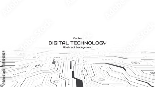 Futuristic technology perspective line circuit bg. Circuit lines and electronic elements. Interface horizon futuristic background. Artificial intelligence cybernetic circuit. Vector illustration.