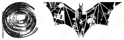 Stylized bat emblem composed of fragmented cityscape panels, paired with concentric spiral texture, graphic vector art, comic book aesthetic, urban.
