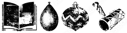 Retro halftone style open book, teardrop balloon, ornament, twisted pipe. vector set, graphic design elements, isolated foreground.