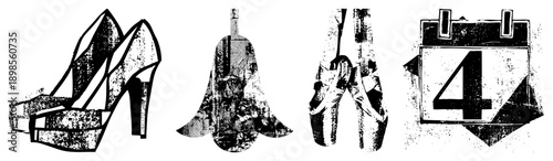 High heeled shoes, bell, ballet slippers, calendar page with number four stylized for elegance, music, performance, and scheduling.