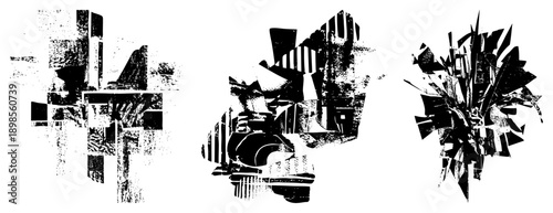 Bold black and white vector compositions of shattered shapes, halftone textures, and angular fragments, ideal for graphic design, digital art, or UI elements.