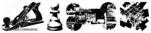 Classic hand plane, chess pawn, antique woodworking lathe, and abstract cube design, rendered in high contrast vector art with distressed texture and bold silhouettes.