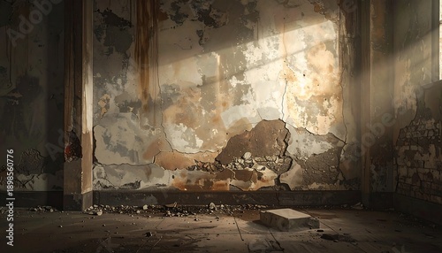 Abandoned interior wall with peeling paint illuminated by dramatic side light showing decay and texture