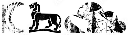 Stylized lion figure, moon, and abstract hieroglyphic elements, ancient Egyptian, black and white vector design, historical motifs.