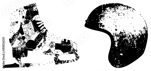 Black and white vector silhouettes of ice hockey gear, skates with blades and helmet with visor, gritty halftone texture, sport equipment, isolated graphic elements.