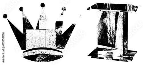 Geometric crown with dotted texture and angular pillar structure, stylized graphic elements, vector art, symbolic architecture, minimalist.