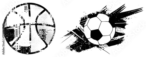 Basketball and soccer ball rendered in gritty halftone style, urban street art aesthetic, sports equipment graphics, athletic, vector sports symbols.