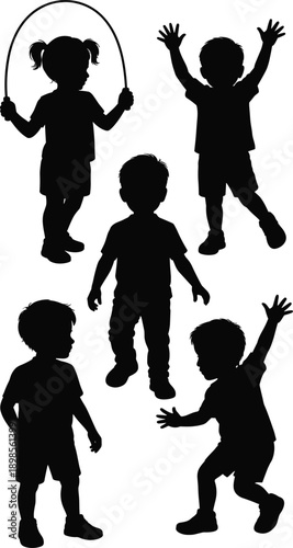 Kids playing silhouette set, happy children jumping and skipping poses, playful childhood activity collection, black minimal illustration icons
