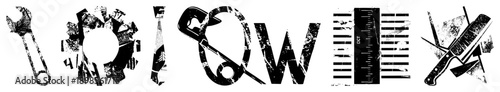 Distressed black and white tool symbols including wrench, gear, screwdriver, ruler, and knife, ideal for industrial design or repair themes.